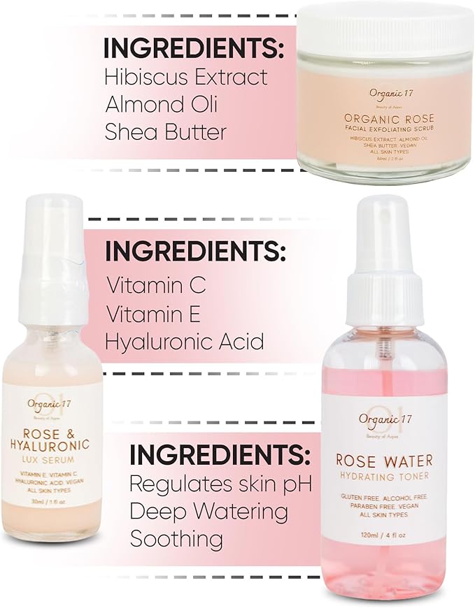 Rose Collection Skincare Gift Bundle – Hydrating, Brightening & Exfoliating Skincare Set for Radiant, Smooth Skin