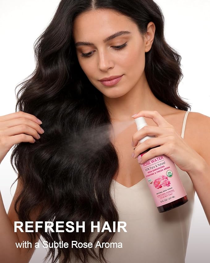 Organic Rose Water Spray for Face, 8 Fl Oz Fine Mist, Rosewater Face Mist with 100% Pure & Natural Rosa Damascena Rose Hydrosol, USDA Certified Organic, Alcohol Free, Vegan, No Dyes