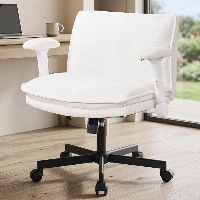 Cross Legged Office Chair, Height Adjustable Swivel Desk Chair with Flip-Up Arms, Padded Criss Cross Chair for Home Office & Bedroom