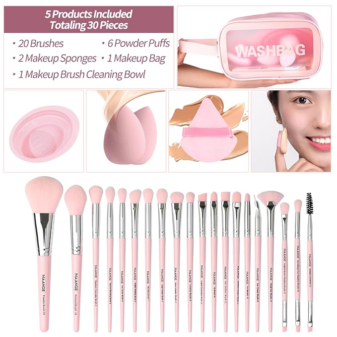 MAANGE Makeup Brush Set 30 Pcs Premium Synthetic Makeup Brushes Foundation Eye Shadow Powder Concealers Highlight Blending Brush Professional Make Up Brush Kit, Pink
