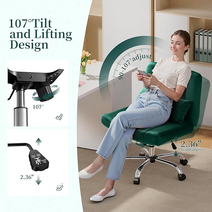Warmiehomy Velvet Criss Cross Office Chair with Wheels, Luxury Cross Legged Desk Chair for Bedroom, Armless Wide Seat Computer Chair, Modern Vanity Chair, Gift for Teens & Girlfriend, Dark Green