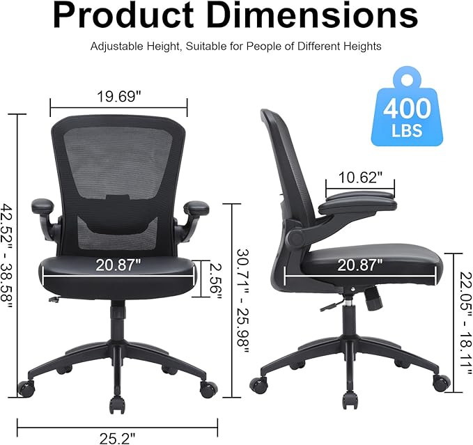 Heavy Duty Office Chair, 400lbs Ergonomic Desk Office Chair for Heavy People, Home Office Desk Chairs with Flip-Up Arms, Executive Computer Desk Chair with Adjustable Seat Height & Lumbar Support