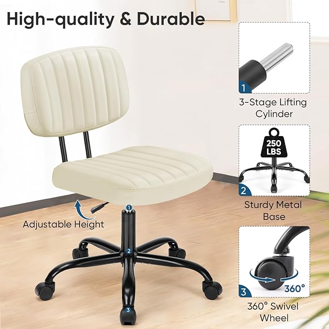 DUMOS Small Office Desk Chair - Armless PU Leather with Comfy Lumbar Support, Height Adjustable Rolling Swivel Task for No Arms, for Adult, Student, Bedroom, Home, Vanity, Beige White