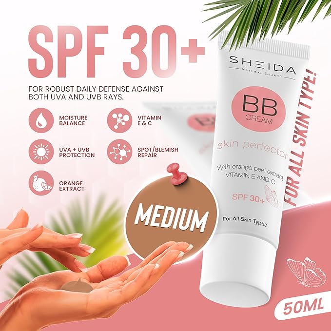 Sheida BB Cream with SPF 30+, Hydrating Daily Tinted Day Cream, Natural Finish, Buildable Light Coverage, 24h Moisture, Vitamin C & E for Even Skin Tone and Radiant Look – 50 ml (Medium)