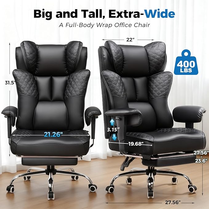 GTPLAYER Big and Tall Office Chair 400LBS Wide Ergonomic Gaming Chair with Deluxe Embossing Designed Leather with Foot Rest,150°Reclining Adjustable Soft Armrests Pocket Spring Back Support and Pillow