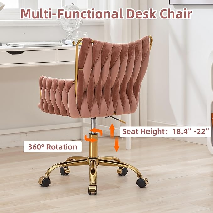 ABET Velvet Desk Chair with Wheels, Cute Upholstered Swivel Office Chair, Modern Gold Rolling Hand Woven Height Adjustable Armchair for Women Girls Home Makeup, Vanity, Nail Salon, Rose Red