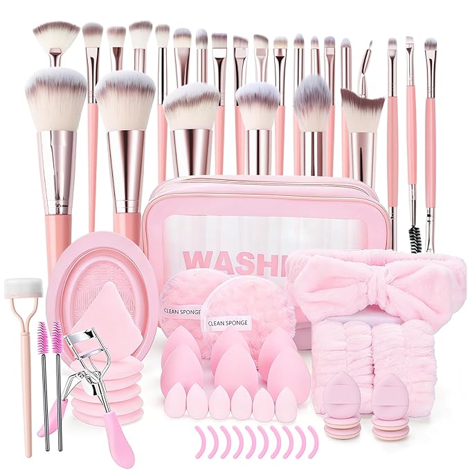 70Pcs Makeup Brushes Set Premium Makeup Kit with Case Premium Synthetic for Foundation Concealer Blush Eyeshadow Powder Contour Makeup Brush Kit Face Eye Make up Brushes & Tools (Pink)