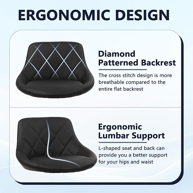 Low Back Rolling Stool PU Leather Vanity Stools, Adjustable Height Ergonomic Swivel Rolling Desk Stool Work Drafting Swivel Chair, Makeup Shop Salon Spa Stools, Black, 2 Pack