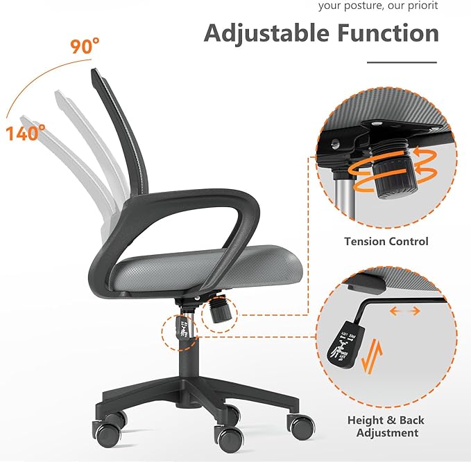 Home Office Chair, Ergonomic Mid-Back Mesh Desk Chair with Lumbar Support, Adjustable Swivel Rolling Design, Comfy Armrest for Work, Study, Gaming, Vanity (Light Gray, Double Chair)