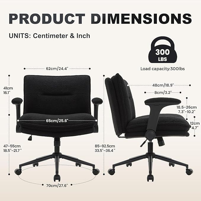 Criss Cross Legged Office Chair with Wheels and Flip-Up Arms, Ergonomic Wide Seat Desk Chair with Thick Padded, Height Adjustable Criss Cross Chairs for Home Office, Bedroom,Apartment,Vanity,Black