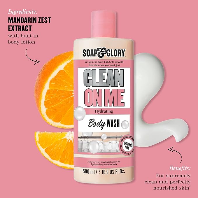 Soap & Glory Clean On Me Clarifying Body Wash for Women - Shower Gel for Dry Skin with Built-In Lotion - Moisturizing Body Soap for Soft, Hydrated Skin - Original Pink (16.9 fl oz)