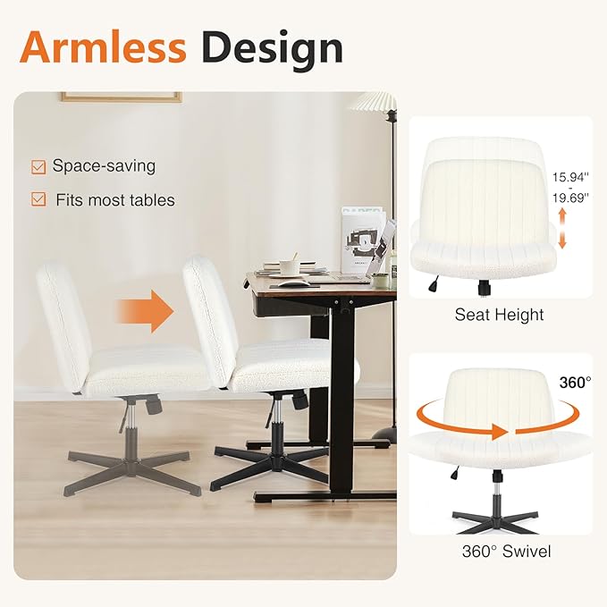 Sweetcrispy Criss Cross Chair Legged, Armless Office Swivel Desk Chair No Wheels, Vanity Height Adjustable Wide Seat Comfy Cute Computer Task Seating for Home Bedroom