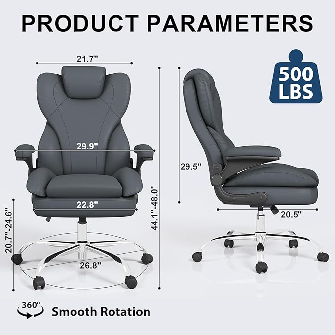 Hovos Office Chair, Ergonomic Big and Tall Desk Leather Chair with Padded Flip-up Arms, Adjustable Tilt Lock, Heavy Duty Swivel Rolling Computer Chair for Home Office, Grey