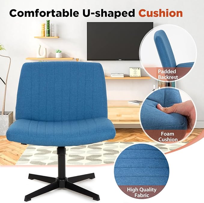 PayLessHere | Criss Cross Chair | Blue | Wide, Armless Desk Chair Without Wheels | 360 Swivel, Height Adjustable & Stable Metal Base | for Office, Home Office, Vanity Seating