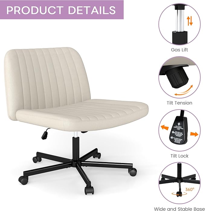 Criss Cross Chair, Extra Wide Armless Rolling Office Desk Chair with Wheels, Plus Size Viral Vanity Legged Chair, Bedroom Beige