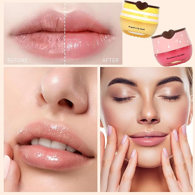 2 PCS Bee Lip Balm Lip Mask Honey Pot,Honey & Strawberry Lip Mask Propolis Moisturizing Lip Balm,Hydrating Prevention Dry & Cracked,Mothers Day Gifts,Teacher Appreciation Gifts,Easter Basket Stuffers