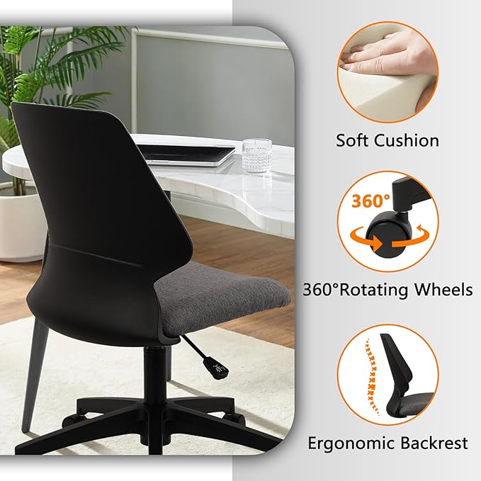 CLATINA Armless Home Office Chair, Ergonomic Small Desk Chair with Wheels and Soft Thick Upholstered Cushion, Comfy Adjustable Height Swivel Computer Task Chair for Conference Waiting Meeting, Black