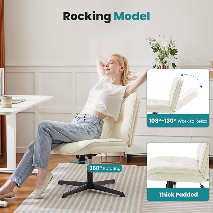 OLIXIS Criss Cross Chair Without Wheels, Cross Legged Office Chair, Armless Wide Vanity Desk Chair with Comfy PU Leather& Back - Swivel for Home Office Bedroom, Beige