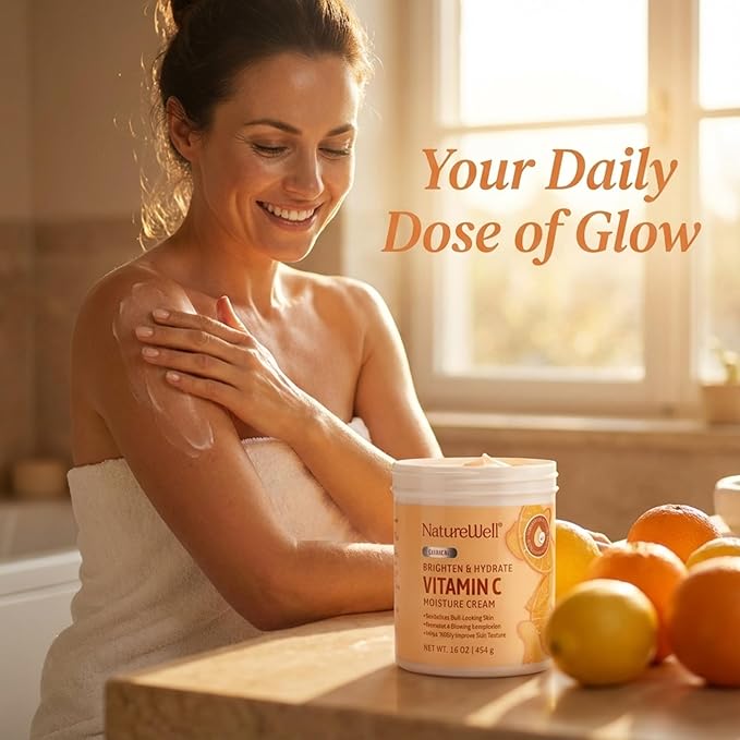 NATURE WELL Vitamin C Brightening Moisturizer Cream – Hydrating Face & Body Lotion with Coconut Oil, Helps Improve Uneven Skin Tone & Dark Spots, Anti-Aging Moisturizer for Smooth Radiant Skin, 10 Oz
