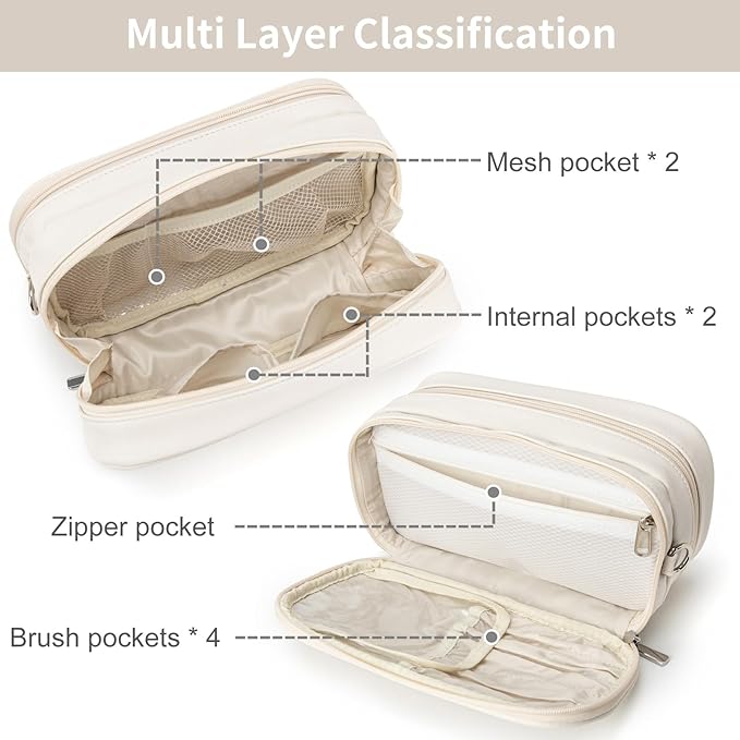 Makeup Bag for Women, Wide-open Makeup Organizer with Makeup Brush Holder, Waterproof Cosmetic Bag with Compartment, Portable Travel-Size Toiletry Bag for Traveling, Large Make Up Bag (White)