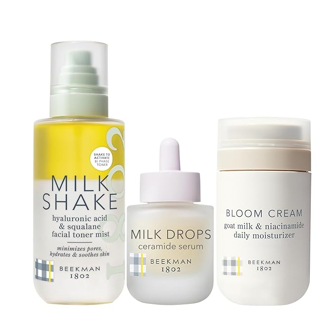 Beekman 1802 Sensitive Skin MVPs – Milk Shake Hydrating Facial Toner + Milk Drops Ceramide Serum + Bloom Cream Face Moisturizer – Fragrance Free, Sensitive Skin Safe, Made with Goat Milk