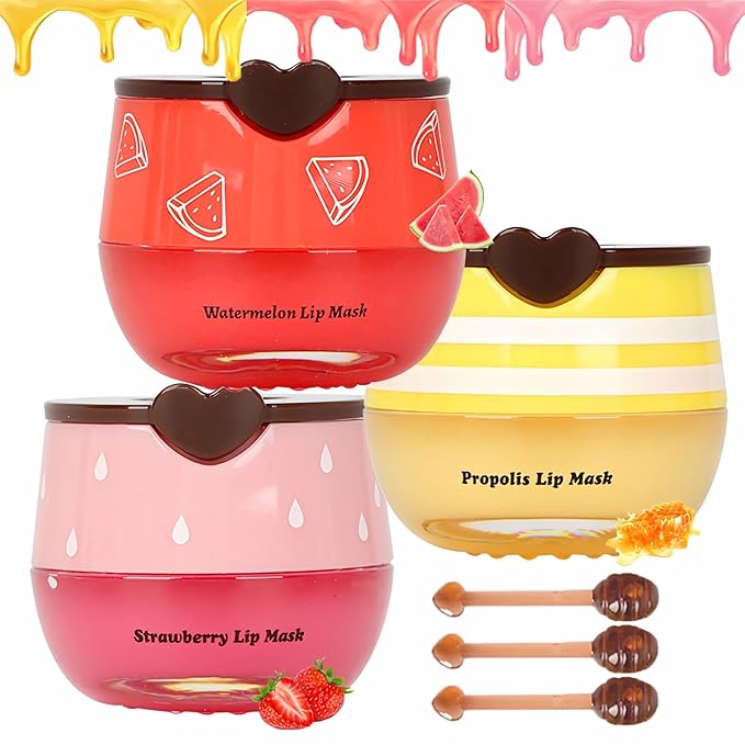 3 PCS Bee Lip Balm Lip Mask Honey Pot, Mothers Day Gifts, Honey & Strawberry & Watermelon Lip Sleeping Mask Overnight Moisturizing Honey Lip Balm, Teacher Appreciation Gifts, Easter Basket Stuffers