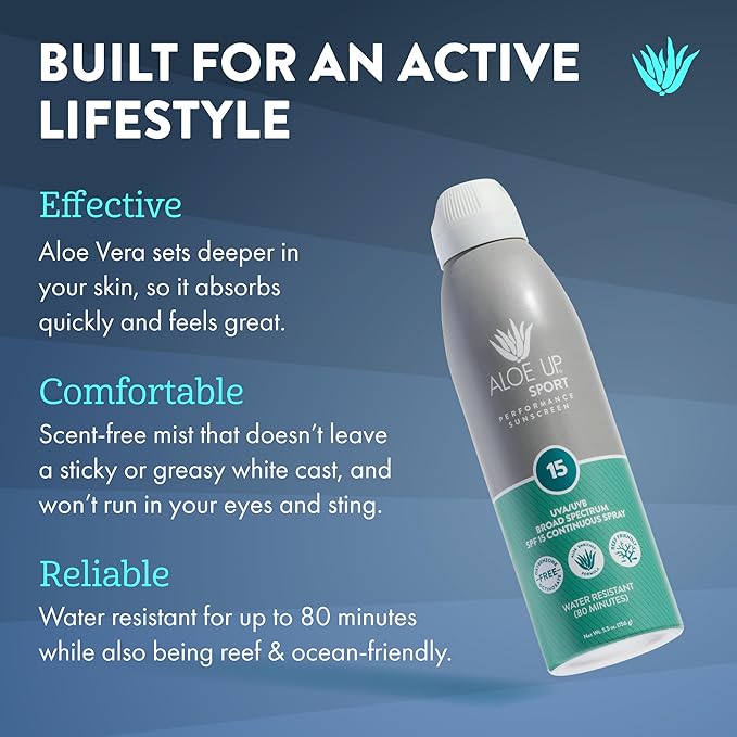 Aloe Up Sport Spray Sunscreen SPF 15 – Broad Spectrum Sunblock with Hydrating Aloe Vera Gel – Fast Absorbing, No White Cast, Reef Friendly, Water Resistant up to 80 Minutes, Fragrance Free – 6 Oz