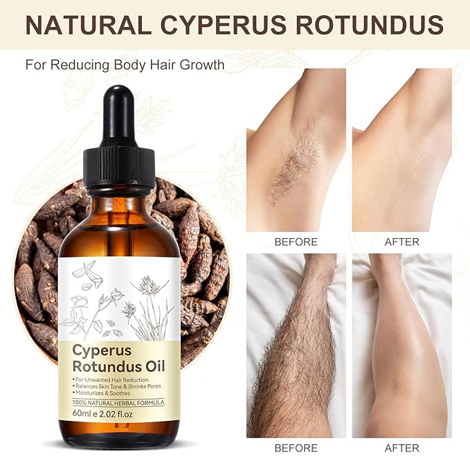Cyperus Rotundus Oil, Cypress Oil for Hair Removal, Natural Soothing and Gentle, Reducing Body Hair Growth, Smooth Skin & Hair Removal, 2.02 Fl Oz