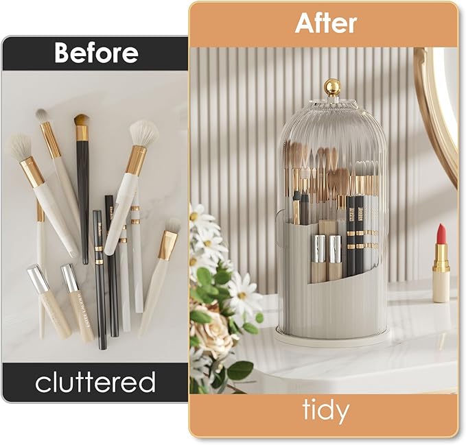 Makeup Brush Holder with Lid 360 Rotating Clear Dustproof Make Up Organizers for Vanity Bathroom Countertop, Transparent | with Lid, 360 Rotating, Dustproof