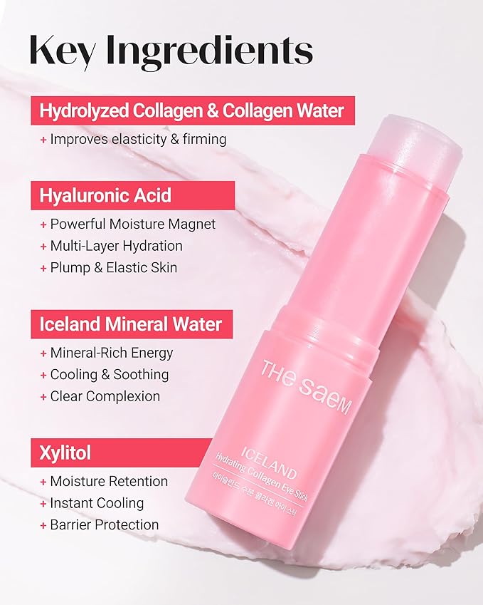 THESAEM Iceland Hydrating Collagen Eye Stick with Cute Bear Keyring Set - 6 Types Collagen Anti-Wrinkle Cooling Balm for Saggy Skin – Under Eye Treatment - Portable K-Beauty Charm, Rose Scent, 0.38oz