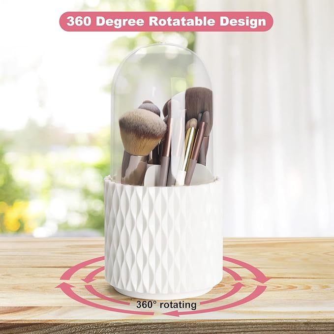 Makeup Brush Holder Organizer with Lid -360° Rotating Dustproof Make Up Brushes Container with Clear Acrylic Cover, Spinning Cosmetics Holders Storage Cup with 5 Compartment