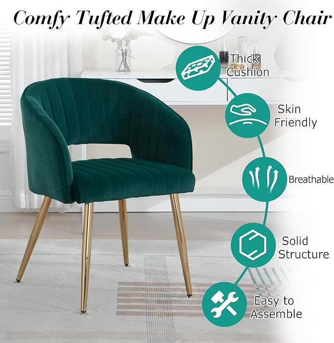 Modern Velvet Vanity Chair, Home Office Desk Chair with Hollow Back, Upholstered Dining Chair with Gold Metal Legs, Comfy Accent Armchair for Living Room Bedroom, Dark Green