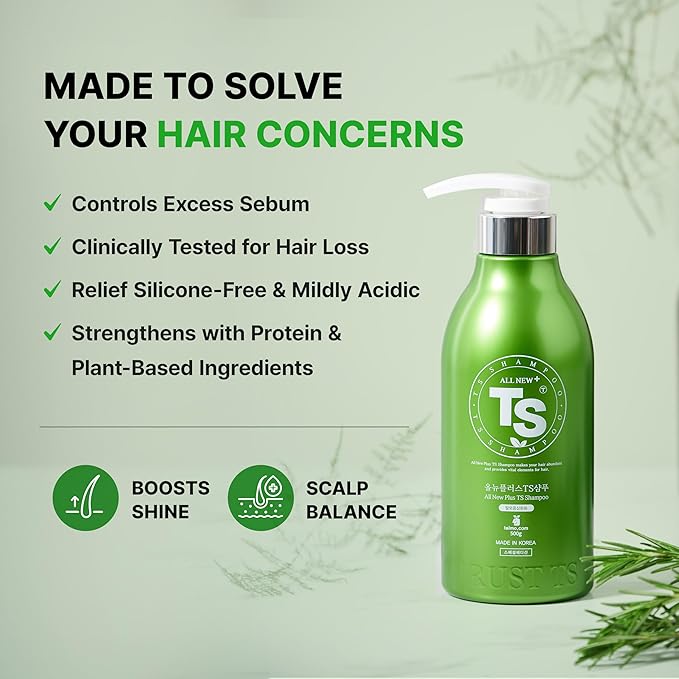 All New Plus TS Shampoo with Biotin for Hair Loss Prevention | Therapy Shampoo for Damaged Hair | Korea Hair Care for Men & Women (16.9 Fl Oz)