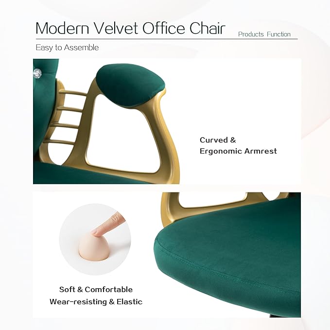 Velvet Office Chair Desk Chair with Gold Base, Comfortable Makeup Vanity Chair with Back and Wheels, Swivel Rolling Chair for Girls Women Study Bedroom, Green
