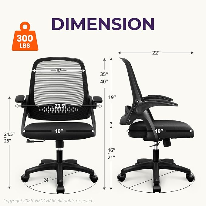 NEO CHAIR Office Desk Computer Gaming Ergonomic Chair with Lumbar Back Support Adjustable Height Swivel Wheels Flip-up Arms Mesh Chair for Home or Office (Black)