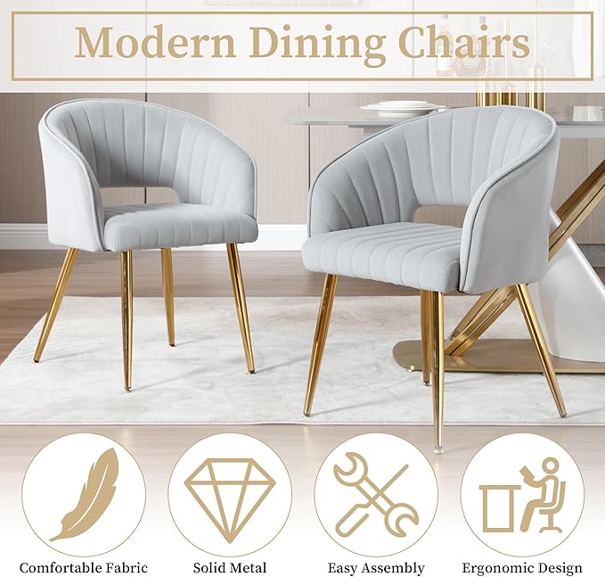 Westice Velvet Home Office Desk Chair Set of 1, Modern Tufted Vanity Chairs with Gold Metal Legs, Upholstered Accent Armchair for Living Room Restaurant, Light Grey