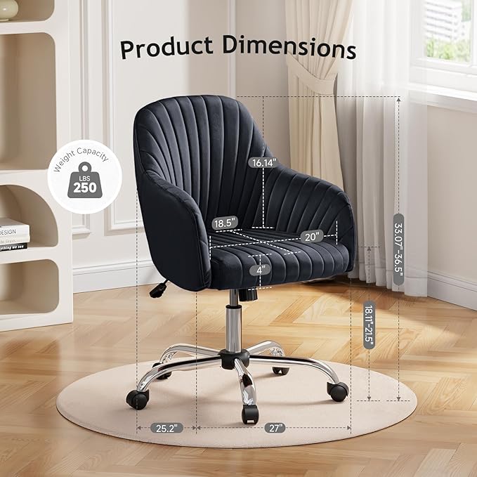 Warmiehomy Velvet Desk Chair for Home Office, Modern Adjustable Swivel Task Chair, Women Vanity Chairs with Arm Rest for Bedroom Dressing Room, Black