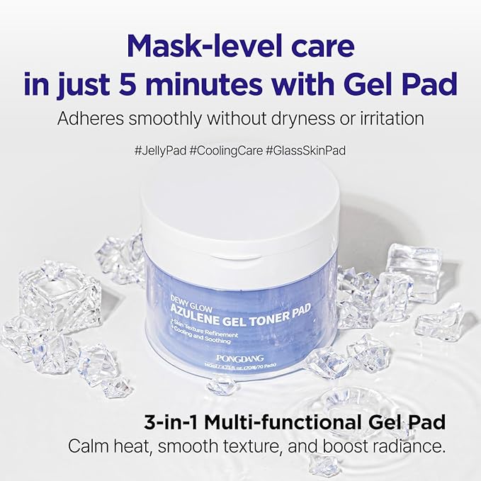 PONGDANG Dewy Glow Azulene Gel Toner Pad | Cooling Calm | Korean Gel Toner Pads with Guai Azulen, Chamomile | Soothing, Radiance & Uneven Skin Tone | Korean Skin Care