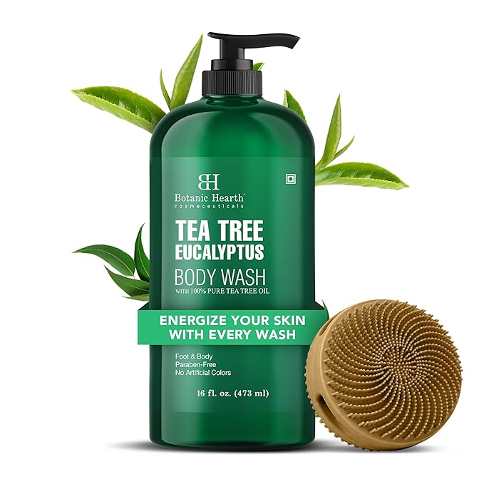 Botanic Hearth Tea Tree Eucalyptus Body Wash with Silicone Dual-Sided Design Body Brush & Scrubber | Infused with 100% Pure Tea Tree Oil, Coconut, Jojoba|Foot & Body Cleanser |Paraben Free |16 fl oz