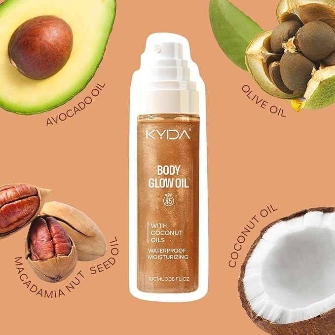 KYDA Travel Size Sunscreen,SPF 45 Sunscreen Spf Body Oil with Gold Mica, Sun-kissed Glow Skin Illuminator, Moisturizing Coconuts Summer Sunscreen, Water Resistant, 3.38 fl oz, AMBER