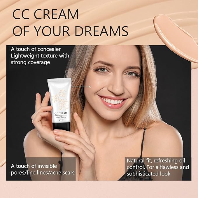 Korean Cc Cream Self Adjusting for Mature Skin, Cc Cream Tinted Moisturizer with Spf 50 Full Coverage, Organic Cc Cream Sunscreen Foundation and Concealer for Face and Body Color Correcting (1PCS)