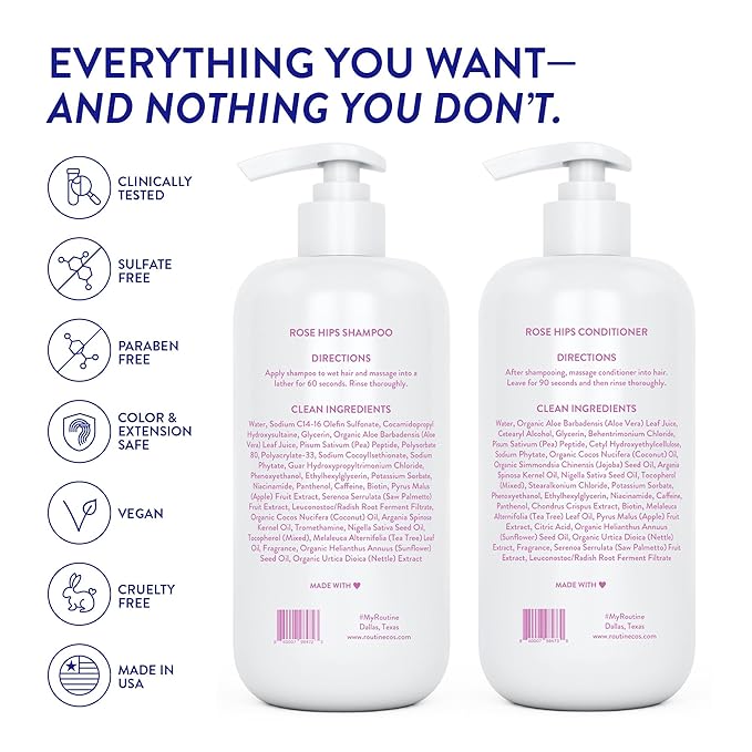 Routine Wellness Shampoo and Conditioner Set and Hair Serum for Thinning Hair - DHT Blocker Women & Men - Color Safe Shampoo for Hair Loss & Healthier Hair - Rose Hips Set