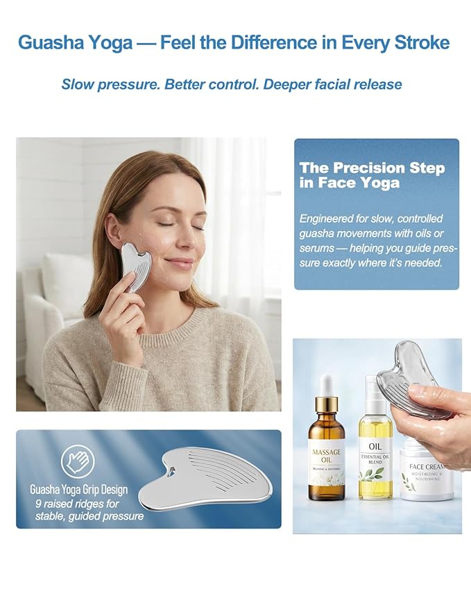 Yeamon Gua Sha Facial Tools, 3-in-1 Gua Sha & Roller & Comb Set, Upgraded No-Slip Textured Guasha, Metal Lymphatic Drainage Massager for Skin Tightening & Face Sculpting, Skincare Gift for Women