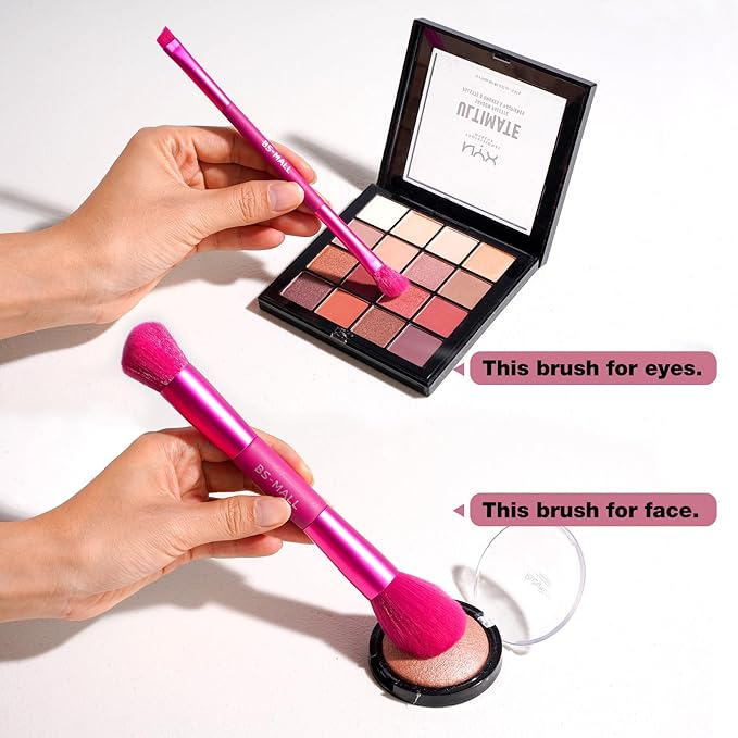BS-MALL Double-ended Makeup Brush Set With Concealer Brush & Foundation Brush, Eyeshadow Brush- Travel-friendly Multi-purpose Brushes In Makeup Bag For Daily Use (9 PCS Hot Pink)