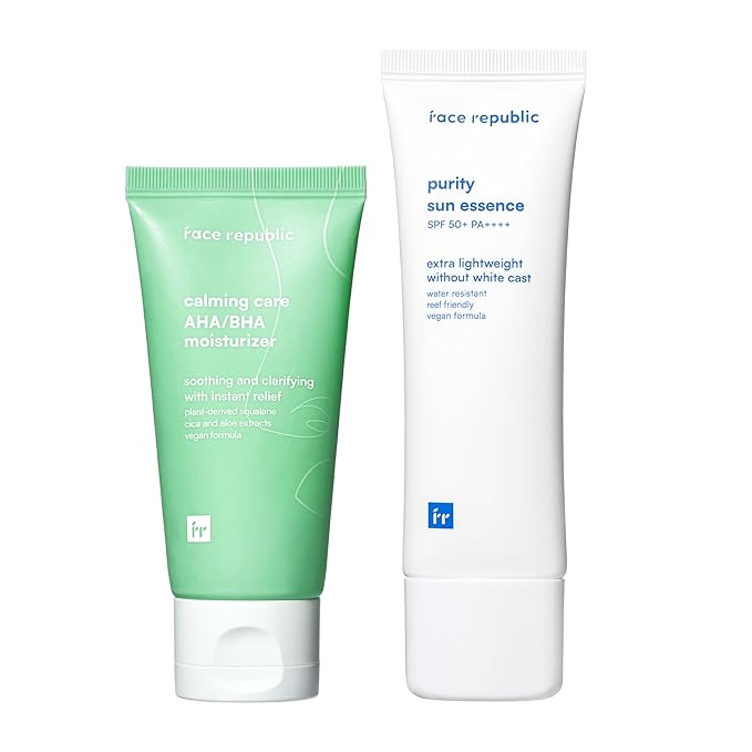 Face Republic Soothe & Protect - Calming Care AHA/BHA Moisturizer + Purity Sun Essence | SPF 50+ Broad Spectrum UV Sunscreen | Vegan Korean Skin care