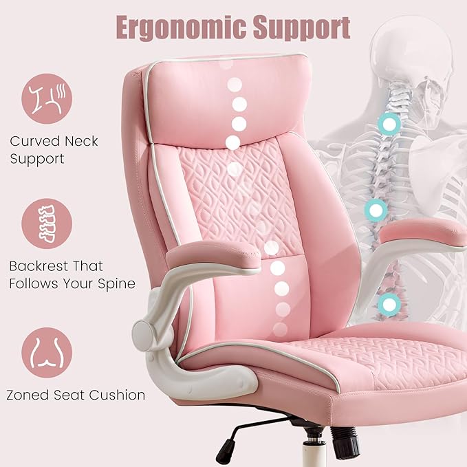 Leather Office Chair, Computer Desk Chair with Lumbar Support,Height Adjustment, Comfortable Excutive Task Chairs 400lbs with Padded Flip-up Armrests, Pink