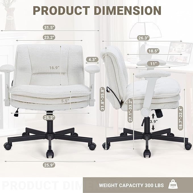 Criss Cross Chair with Wheels and Flip Arms, Upholstered Cross Legged Office Chair with 3 Layer Cushions&Dynamic Airbag Lumbar Support, Wide Seat Comfy Desk Chair for Home Office, Living Room, Beige