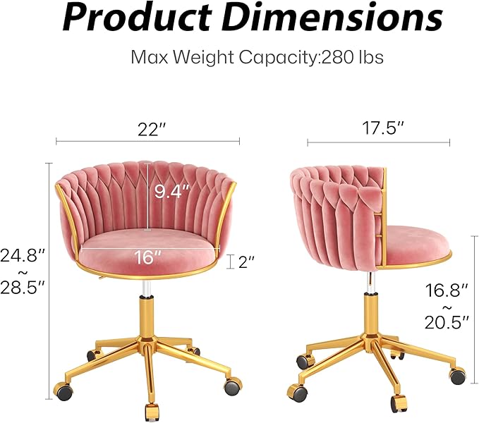 Velvet Woven Home Office Chair, Modern Swivel Desk Chair with Wheels, Height Adjustable Vanity Chair with Gold Metal Base and Hand Weaving Back for Bedroom Study Small Space, Pink