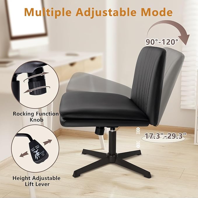Criss Cross Chair, Cross Legged Desk Office Vanity Chair, Comfortable Black Vanity Stool with Back, PU Leather Armless Wide Swivel Vanity Desk Chair, Criss Cross Home Office Chair