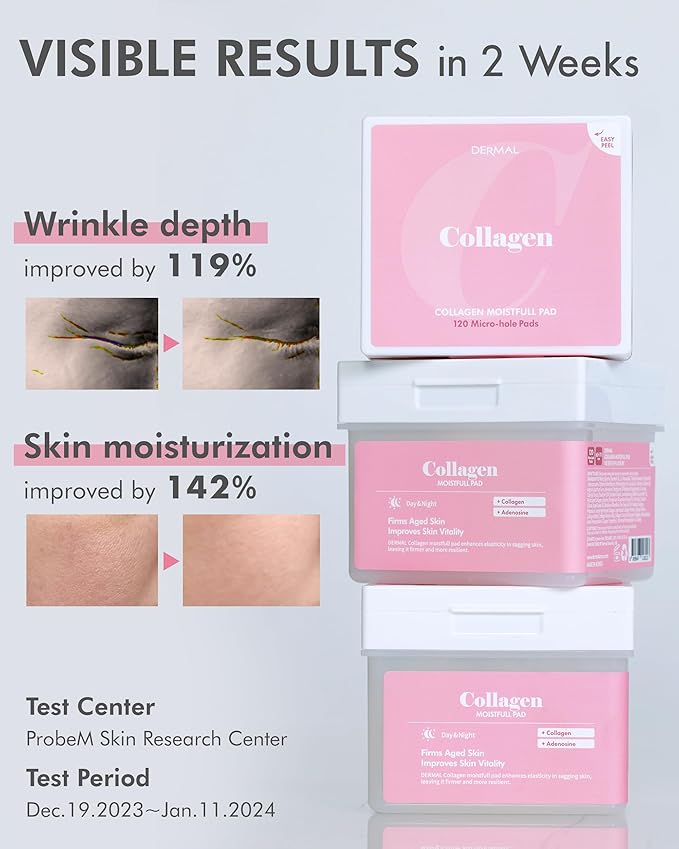 DERMAL Collagen Moistfull Toner Pad - Korean Toner Pad for Elasticity & Wrinkle Improvement with Peptides - Travel Kit 12 Pads, 3 Pack (Total 36 Pads)